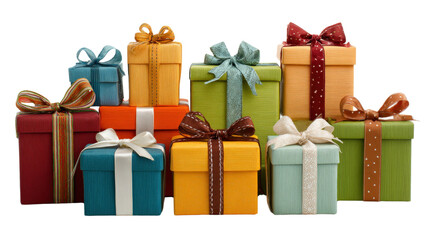 Multiple colorful gift boxes with satin ribbons and bows, holiday celebration style, isolated on a Transparent background, PNG file.