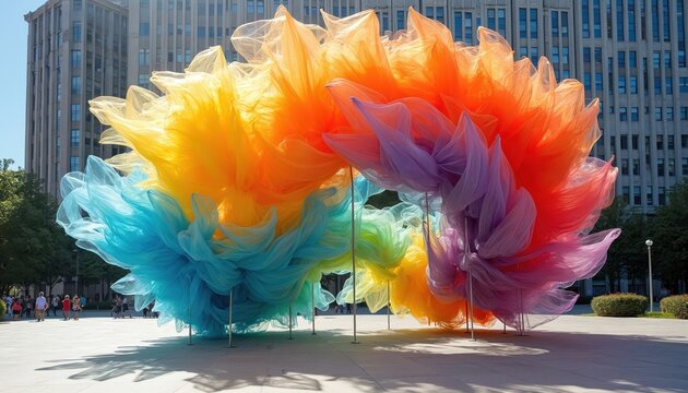 Large-scale public art installation. Colorful kinetic sculpture uses wind. Vivid rainbow hues. Modern art in urban space. Dynamic movement, architectural background, sunny day, diverse group of
