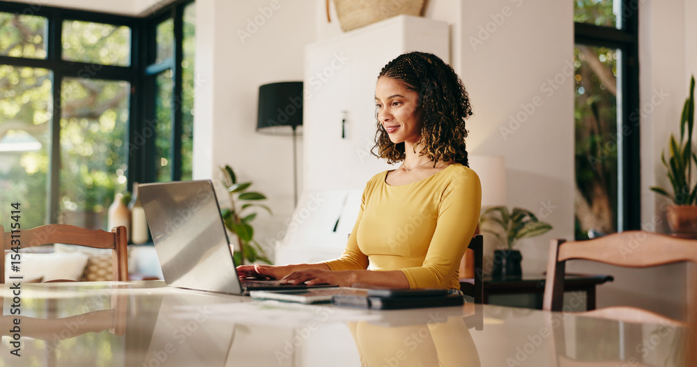 Poster woman, laptop and typing for remote work from home with notes, checklist and happy with project. per