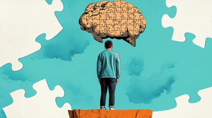 A man contemplating a jigsaw puzzle brain.