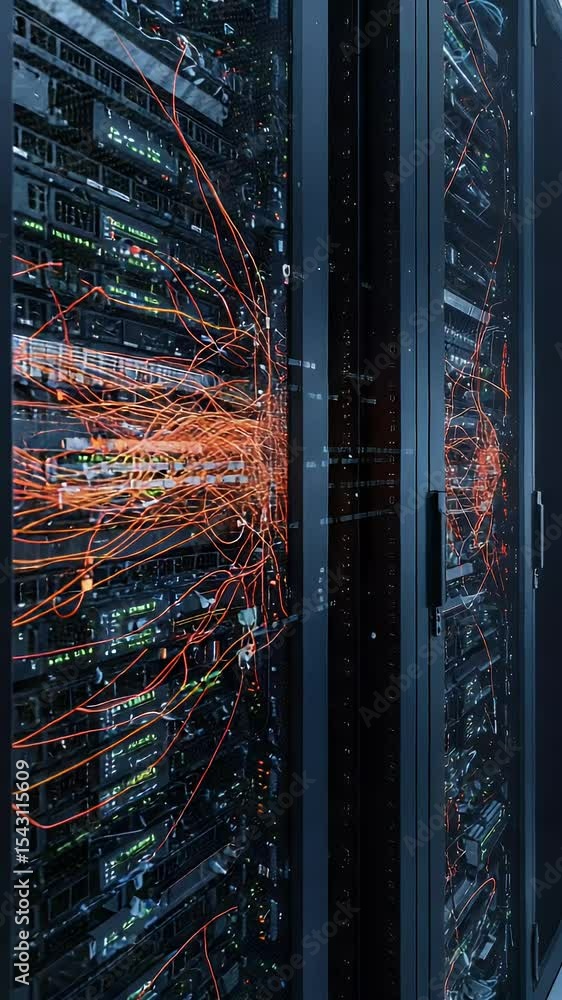 Poster 3d data center server network hardware with blue lighting