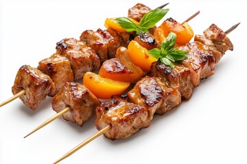 Skewered sosatie featuring tender meat and sweet apricots ready to be enjoyed on a white background