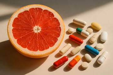 Vitamin Synergy: A captivating studio shot of a vibrant grapefruit half, artfully paired with a collection of colorful pharmaceutical pills.