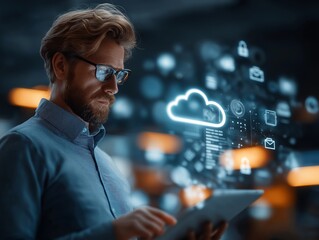Man using tablet with cloud computing technology digital interface background.  Modern businessman working with innovative digital solutions.