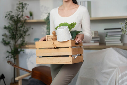 Moving Essentials. Woman holding a crate with plants and decor items during relocation.