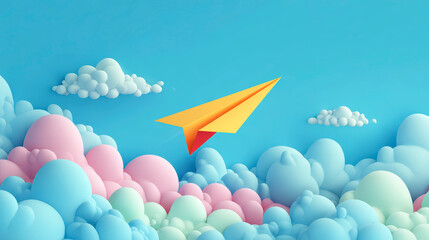 Colorful Paper Airplane Flying Through Bright Blue Sky with Clouds