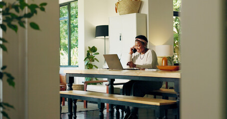 Phone call, laptop and happy woman in home for remote work, virtual assistance and networking. Freelance, business and African person on computer and smartphone for communication, contact and talking