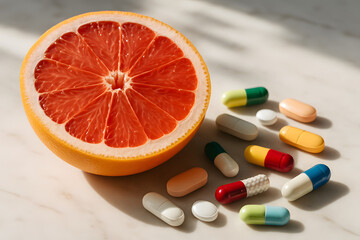 Healthy Fusion: A vivid slice of grapefruit paired with an array of colorful pills, portraying the harmonious blend of natural remedies and modern medicine, symbolizing wellness and health.