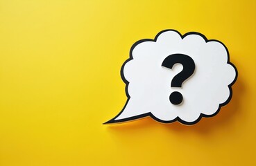 Question mark speech bubble on yellow background. Concept of questions ideas, doubts. Symbol of communication thinking about problems. Punctuation mark. Solution, decision making concepts. Conceptual