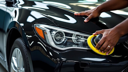 Professional auto detailing expert polishing luxury black car for flawless finish, care, and showroom shine in modern garage setting