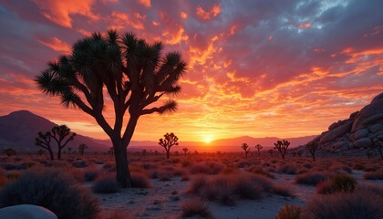 Vibrant desert sunset, illuminating Joshua trees, rocky formations. Orange, purple clouds fill sky during dusk. Scenic, dramatic landscape evokes travel exploration themes, wilderness beauty.