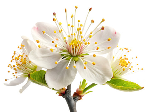 Closeup of Three Delicate White Saxaul Tree Blossoms with Yellow Centers and Green Leaves Isolated on a transparent background