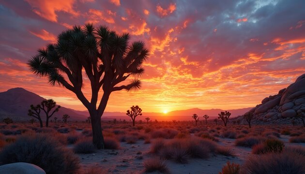 Vibrant desert sunset, illuminating Joshua trees, rocky formations. Orange, purple clouds fill sky during dusk. Scenic, dramatic landscape evokes travel exploration themes, wilderness beauty.