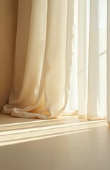Beige curtains near window with light and shadow. Soft folds, light, shadow create elegant, minimal aesthetic. Home interior design, space. Window blinds for business background, presentations.