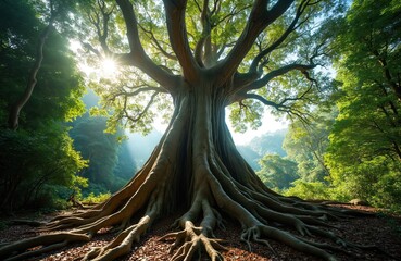 Magnificent strangler fig tree in Queensland rainforest. Nature beauty, ancient roots, rich foliage, large trunk, branches reaching to sunlight. Beautiful sunlight through green leaves, tropical