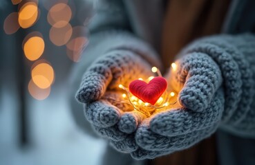 Hands knitted mittens holding heart-shaped garland winter forest background. Woman shows red heart, romantic holiday concept. Warm cozy mood with bokeh lights, love, valentine day.