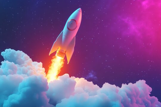 3D render of vibrant rocket launch, dynamic startup and innovation symbolism