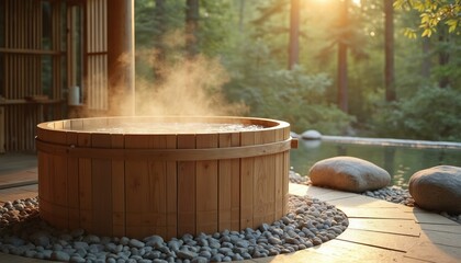 Hinoki wood ofuro bath setting forest retreat with steaming water. Serene spa ambiance, wellness zen-like atmosphere, peace, calmness. Japanese bath ritual, design with natural wood elements.