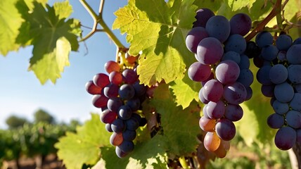 Fototapeta premium Ripe Grapes Hanging on Vine under Sunlight