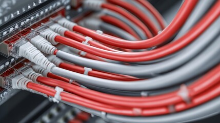 Network infrastructure closeup showcasing red and gray ethernet cables connected to a server rack