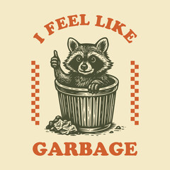 Vintage Linocut Raccoon in Trash Can Giving Thumbs Up © leloledung