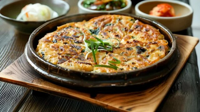 A crispy South Korean haemul pajeon, a savory seafood pancake packed with shrimp, squid, and scallions, served on a ceramic dish