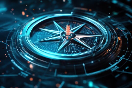 3D futuristic compass with agency strategy terms floating around it