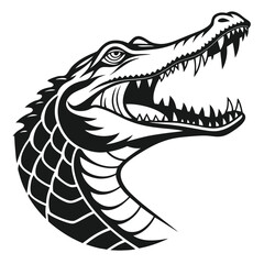 Aggressive alligator head shows sharp teeth, featuring bold black color on a white background