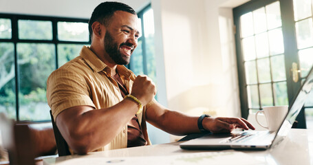 Excited, man and success with laptop at house for good news, loan approval and celebration. Smile, male person and pc with fist pump for financial freedom, investment goals and feedback for promotion