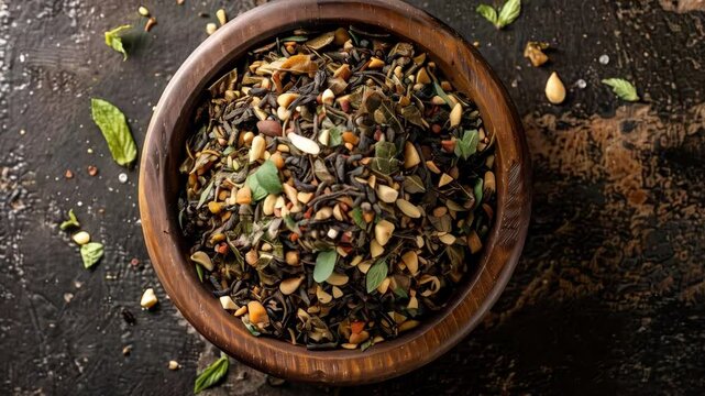 A vibrant Burmese lahpet thoke, a unique salad featuring fermented tea leaves, nuts, seeds, and fresh toppings served in a wooden bowl