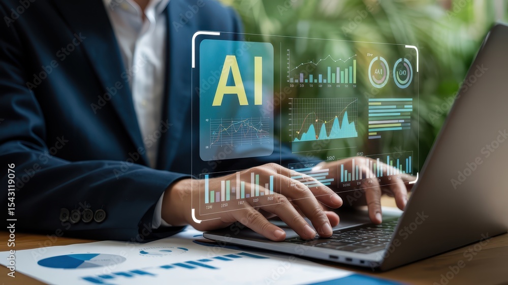 Poster person using a laptop with an artificial intelligence interface overlaid.
