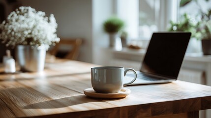 Serene Home Office Workspace with Coffee Mug and Laptop near Window