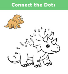 Dot to Dot Worksheet for Kids. Connect the dots to draw a cute Triceratops. Illustration of dinosaur. Coloring page.