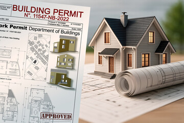 BUILDING PERMIT AND HOUSE MODEL CONCEPT FOR REAL ESTATE MARKETING, property development, home construction approval, investment projects, and residential planning visuals