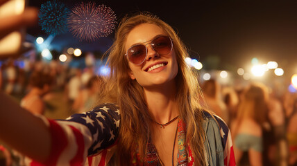 A trendy woman with american flag taking selfie at 4th of july night