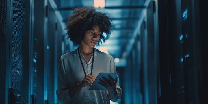 Focused female IT professional using a tablet in a modern server room data center