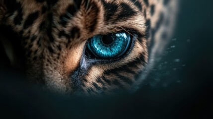 This stunning image captures the intense gaze of a jaguar featuring its striking blue eye set against a backdrop of the unique spotted fur, emphasizing its wild beauty.