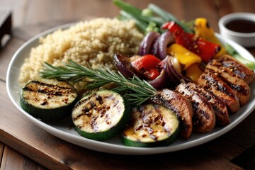 Grilled chicken and vegetables with quinoa and fresh rosemary garnish