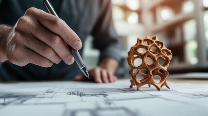 A focused architect sketches detailed blueprints while examining a creative wooden model, emphasizing innovation and design processes in architecture and planning.