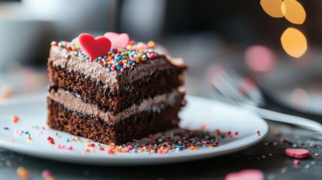 A tempting chocolate cake layered with rich frosting and colorful sprinkles, inviting indulgence and celebration in a delightful culinary presentation.