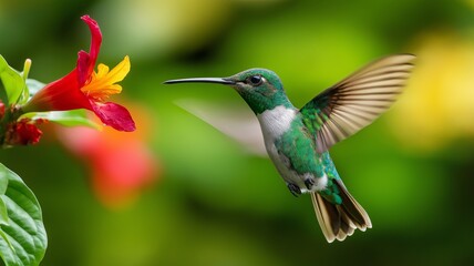 Fototapeta premium A colorful hummingbird hovers gracefully by a bright red flower, surrounded by lush greenery.