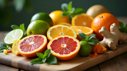 A Vibrant Still Life, An Assortment of Citrus Fruits, Ginger and Turmeric on a Wooden Board, A Colorful and Healthy Composition
