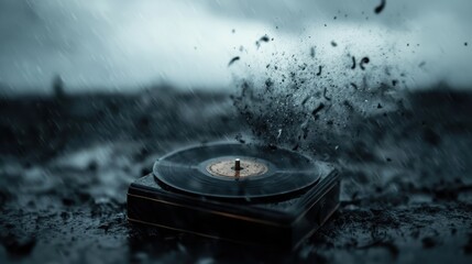 A vinyl record caught in a dramatic moment as rain splashes around it, creating an evocative metaphor for nostalgia and the enduring power of music in life.