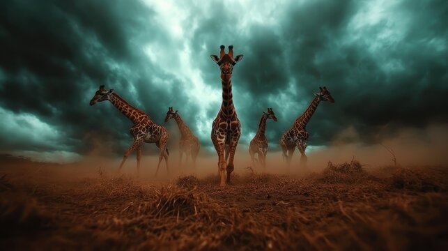 A captivating scene of a herd of giraffes standing majestically against a backdrop of dark, ominous clouds that enhance their elegance and natural beauty in the wild.