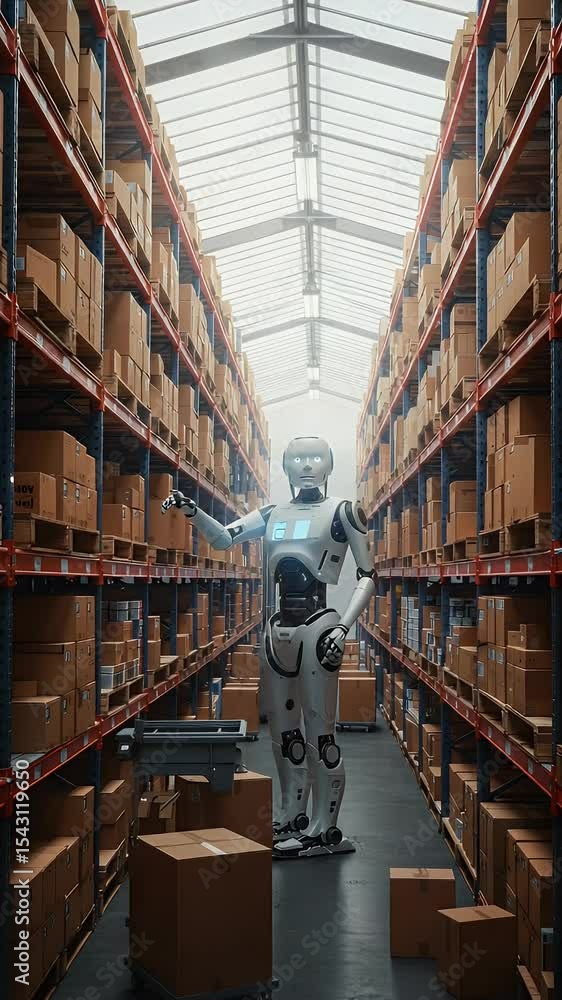 Poster 3d robot managing boxes in automated warehouse technology future