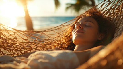 A serene image of a woman peacefully reclining in a hammock on the beach at sunset, capturing a moment of relaxation and tranquility amidst the stunning tropical scenery.
