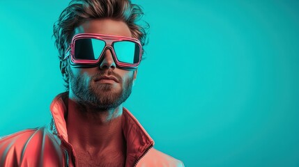 A fashionable man posed with striking futuristic sunglasses, exuding confidence and style against a vibrant teal background perfect for modern fashion or lifestyle photography.
