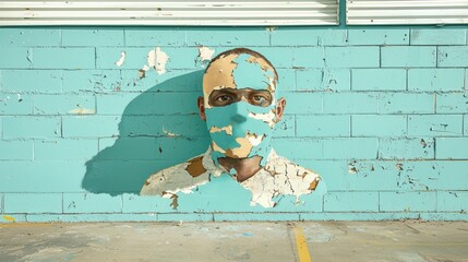 A mannequin head painted in a distressed style, with a faded mask covering its face.