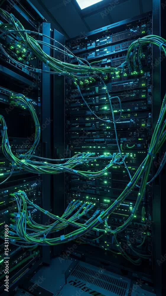 Aufkleber 3d server rack data center green cables network system