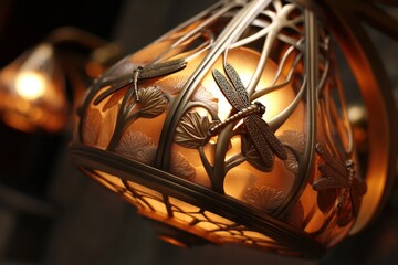 Ornate gold dragonfly lampshade with warm glow and nature motif